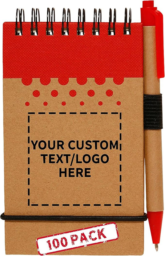 DISCOUNT PROMOS 100 Recyclable Spiral Small Notebooks Pack - Customizable Text, Logo - 60 Lined Pages - Red