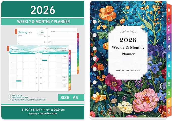 2026 Planner Refills - 7-Hole Punched Planner Refills 2026 with Colorful Tabs, JAN 2026 - DEC 2026, 5.5" x 8.5", A5 Planner Inserts, 2026 Weekly and Monthly Planner Refill with Monthly Pages & Weekly Pages - Dopamine Color