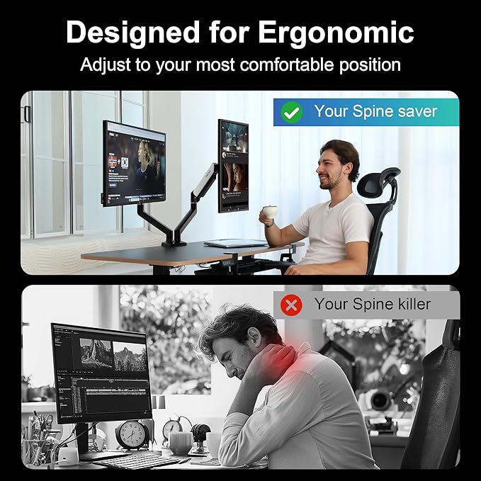 Dual Monitor Desk Mount for 13-32" Computer Screen,Adjustable Gas Spring Monitor Arm,Each Arm Holds 4.4 to 22 lbs,Swivel/Tilt/Rotation,VESA 75X75mm 100X100mm,C Clamp & Grommet Mounting Base