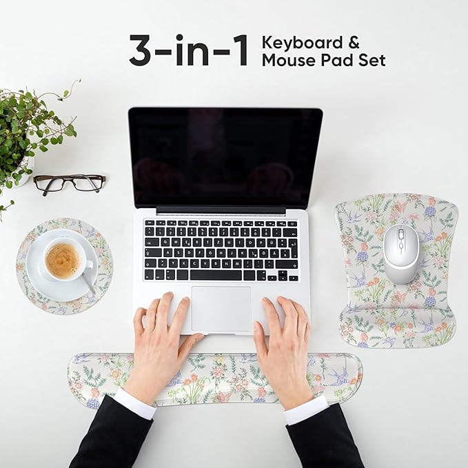RICHEN Mouse Pad and Keyboard Wrist Rest, 3-in-1 Computer Mousepad and Coaster Set, Non-Slip Keyboard Wrist Rest and Mouse Pad Set Ergonomic Design (FKMWR-55)