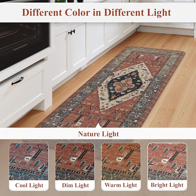 KIMODE Anti Fatigue Kitchen Mats,Boho Vintage Kitchen Rugs Sets of 2,Non Slip Waterproof Kitchen Floor Mats,Ergonomic Cushioned Comfort Standing Mat for Laundry,Office,Sink,Desk, Red