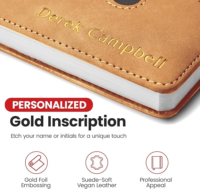 Promot Personalized Notebook - A5 Lined Leather Bound Journal for Writing Women Men - Hardcover Executive Notebook, Daily Journal, Travel Diary, Gift Idea, Custom Embossed Text with Gold Metallic Foil