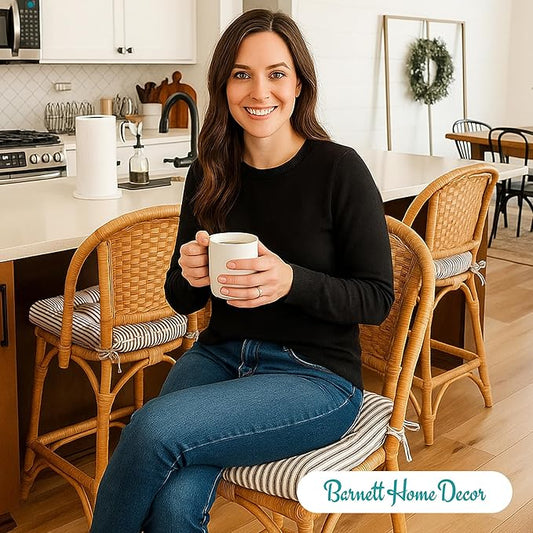 Barnett Home Decor Ticking Stripe Black Dining Chair Pad with Ties - Pack of 2-17" x 15" Size Small Chair Cushion - Latex Foam Fill - Machine Washable, Reversible, 100% Cotton, Made in USA