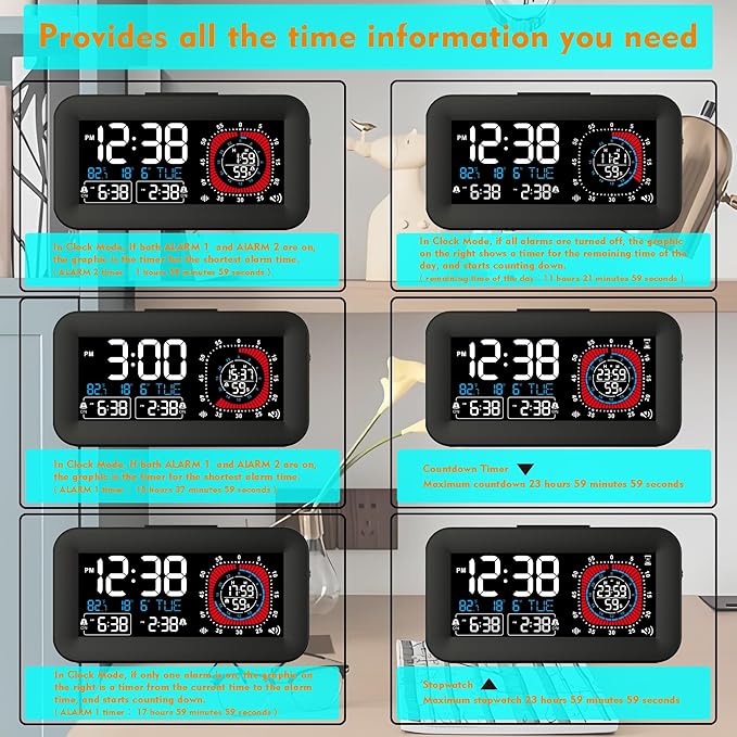 Digital Dual Alarm Clock for Bedroom,Visual Timer Clock for Kids,Dual Display Countdown Stopwatch Timer Dual Alarm Clock, Time Management Station for Homeschooling Teaching Home Kitchen Office (Black)
