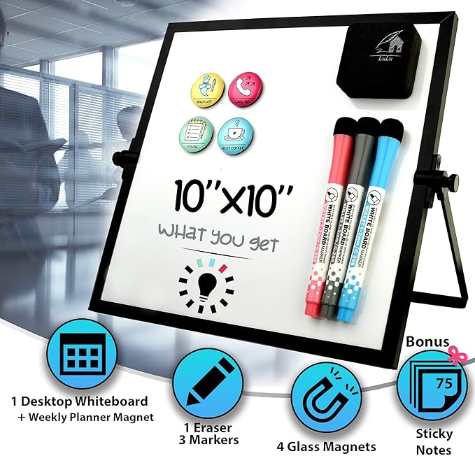 Small Desktop White Board with Weekly Planner 10x10 inch, Magnetic to Do List Dry Erase Board Calendar with Stand, 3 Markers, 4 Magnets, Eraser - Portable Whiteboard for Homeschool and Office Desk