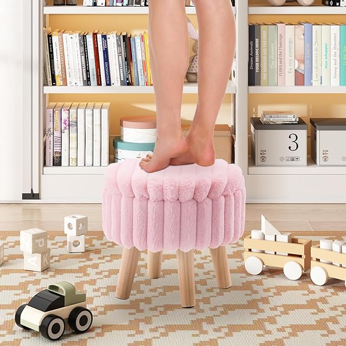 Wimarsbon Storage Ottoman,Soft Faux Fur Footstool with Padded Seat, Small Reading Vanity Chair, Footrest with Wood Tray for Couch, Mini Coffee Table or Display Stand (Pink, Round Storage)
