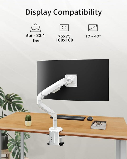 Ultrawide Single Monitor Mount, Adjustable Gas Spring Monitor Arm for 17 to 49 inch Screens, 75/100 Vesa Mount with C-Clamp and Grommet Base, White