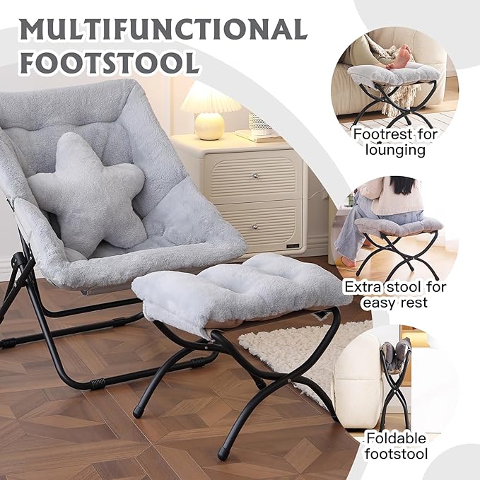 Welnow Folding Foot Stool, Upholstered Small Accent Ottoman with Detachable Thick Cotton Cushion Padded Sofa Stool and Metal Frame for Lazy Chair, Living Room, Bedroom, Plush Grey