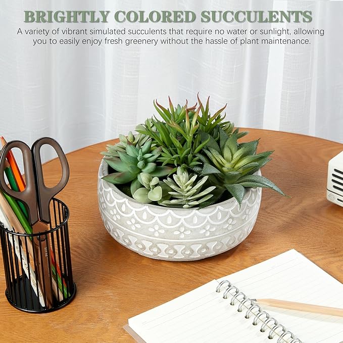 Artificial Succulent Plants Faux Potted Indoor with Ceramic Pot - Fake Plants for Bedroom, Bathroom, Home Office, Coffee Table Decor - Desk & Room Aesthetics