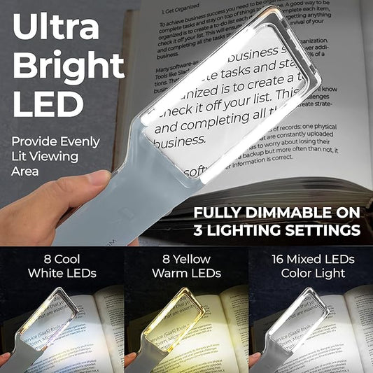 MAGNIPROS Patented 6X Large Magnifying Glass with 3 Color Light Modes | Anti-Glare Lens & Stepless Dimmable LEDs | Perfect for Reading & Inspection - Ideal for Seniors & Low Vision