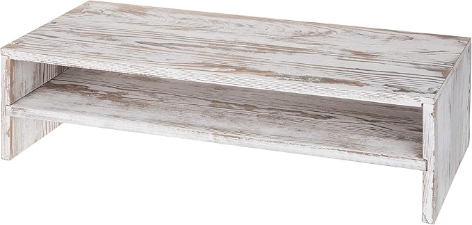 MyGift Shabby Whitewashed Wood Computer Monitor and Laptop Riser Stand for Desk, 2 Tier Office Desktop Storage Shelf
