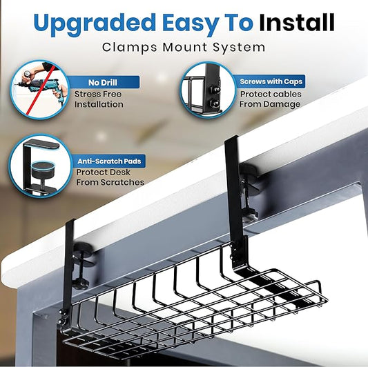 Under Desk Cable Management Tray, 16” No Drill Cord Organizer with Clamps for Wire Management, 4mm Sturdy Wire Desk Cable Organizer Tray, Cable Management Rack for Office