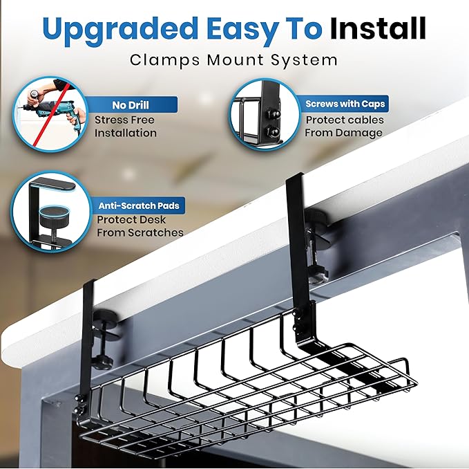 Under Desk Cable Management Tray, 16” No Drill Cord Organizer with Clamps for Wire Management, 4mm Sturdy Wire Desk Cable Organizer Tray, Cable Management Rack for Home & Office (Pack of 2)