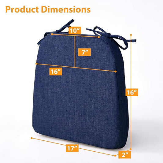 Chair Cushions for Dining Chairs, 2" Thick Seat Cushions for Kitchen Chairs, D-Shaped Chair Pads with Washable Cover, Ties and Non Slip Backing, 17'' x 16'', Set of 4, Blue