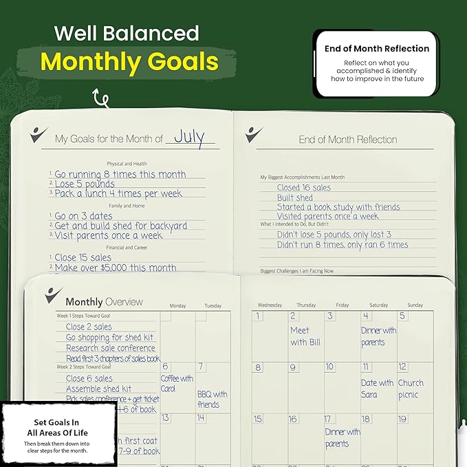 Undated Planner - 90 Day Guided Journal, 2025 2026 Weekly Organization, Productivity Habit Tracker, Inspirational, Life Setting, Leather, Almond Pages Forest Green