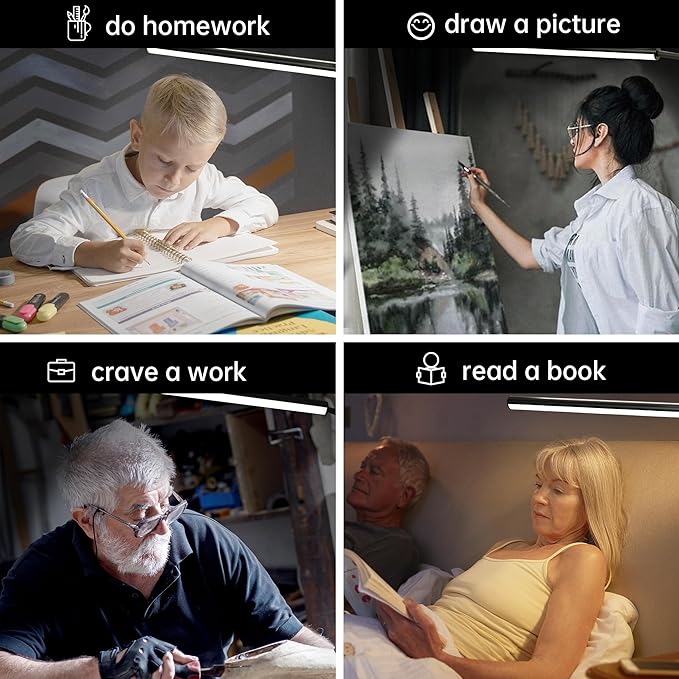 LED Desk Lamp with Clamp, Eye-Protection Clip on Desk Lamp, 5 Modes 10 Brightness Adjustment, 360°Flexible Gooseneck Lamp for Home Office, Lamps with USB Adapter,Black