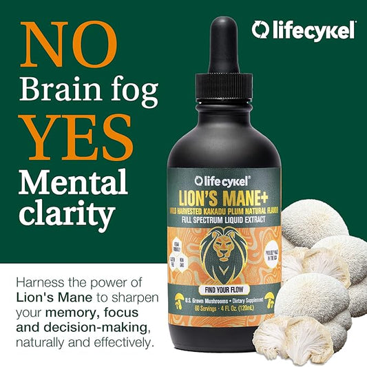 Life Cykel - Lion's Mane Mushroom Extract with Kakadu Plum - Brain Booster Nootropic for Memory, Focus & REM Sleep - Non-GMO, Organic Mushroom Tincture - 1 Fl Oz (15 Servings)