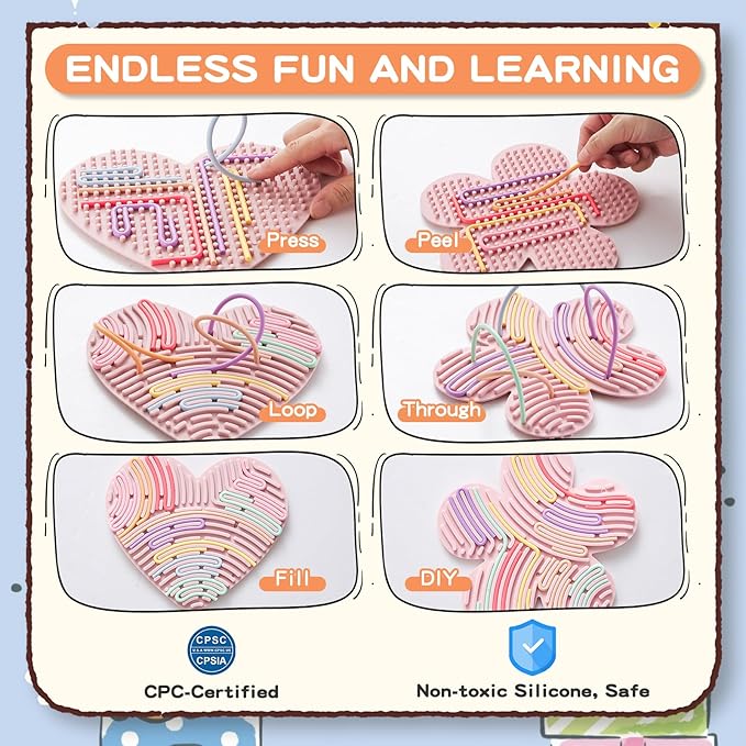 2 Pack Sensory Activity Board with 20 Random-Color Strings, Double-Sided Silicone Sensory Fidget Toy for Kids and Adults with Autism, ADHD, Silent, Stress Relief, Calming, Focus, Gift for Girls Boys