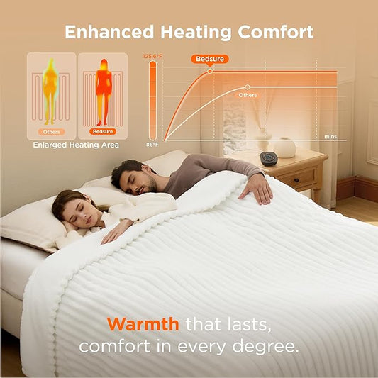 Bedsure Electric Blanket Queen Size - Thick Striped Flannel Electric Blanket with Dual Control, Heating with 10 Heat Settings & 10 Time Settings, 8 hrs Timer Auto Shut Off (84x90 inches, White)