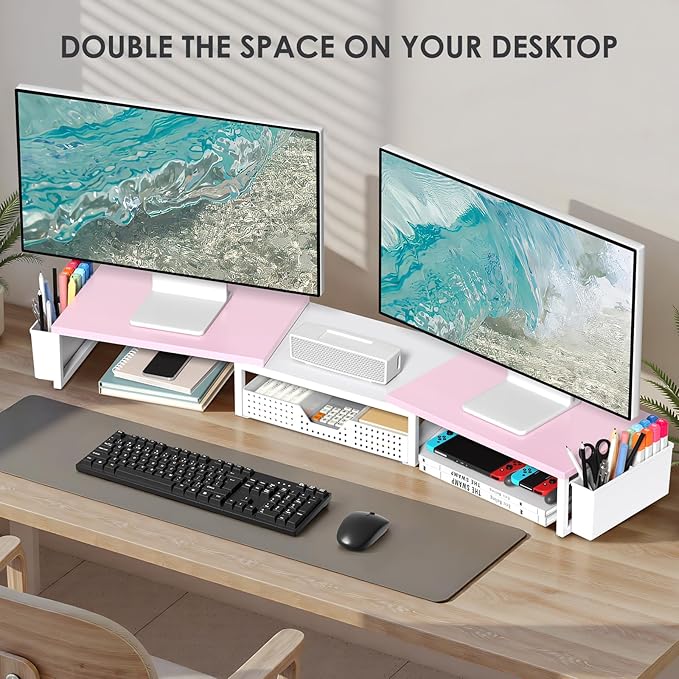 Desk Dual Monitor Stand Riser - Desk Organizer with Drawer and Pen Holders, Office Desk Accessories & Workspace Organization, Computer Monitor Stand for Laptop, Printer(Pink& White)