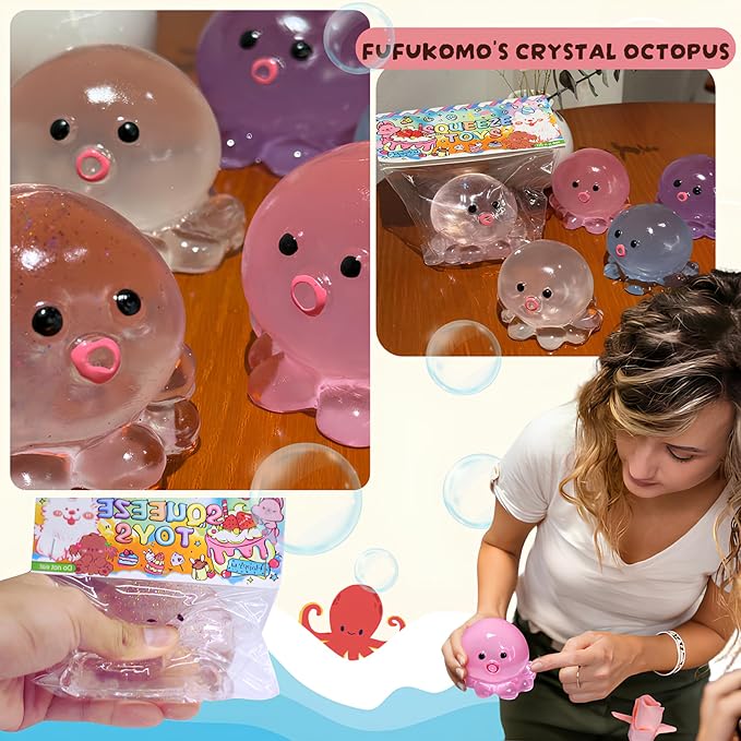 Cute Crystal Octopus Squishy Toys - Upgrade Clear Pink Blue Sequins Octopus Soft Sticky Toys, Animals Sticky Stress Ball, Stress Relief Fidget Sensory Toys, Birthday Office Favors for Adults (White)