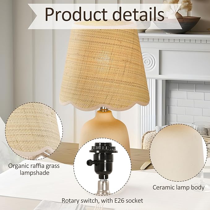 Pia Ricco 19" Modern Ceramic Table Lamp for Living Room Cream Base Desk Lamps for Bedroom Farmhouse Bedside Nightstand Lamp End Table Lamps,Beige,Rattan Shade