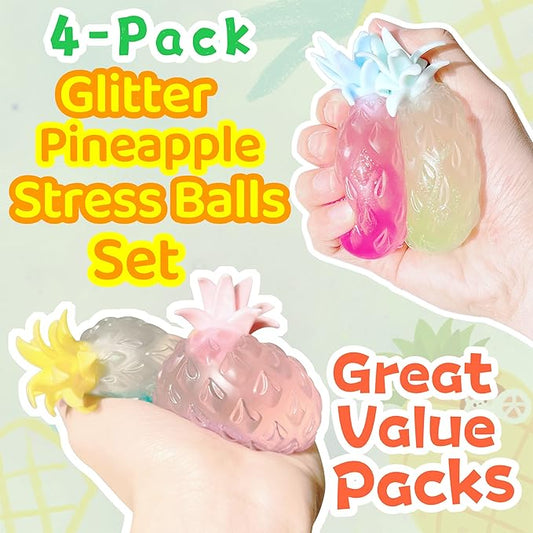Pineapple Stress Balls for Kids and Adults Squishy Glitter Fruit Fidget Toys, (4pack) Sensory Stress Relief Toy Stretch Squeeze Ball, Stress Anxiety Relief Fidget Squishy Ball for ADHD Autism