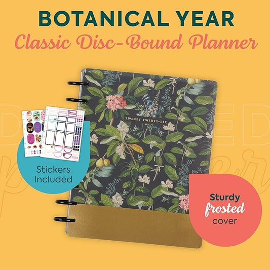 Happy Planner Disc-Bound Planner Jan.–Dec. 2026, Includes 3 Extra Months and 2 Sticker Sheets, Classic Size, 7" x 9.25", Dashboard Layout, Botanical Year