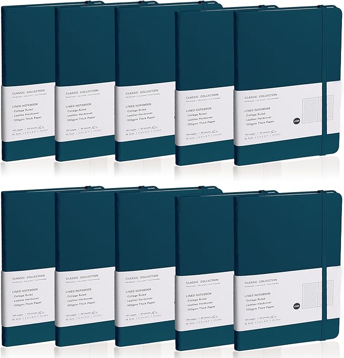 Lined Journal Notebook, 10Pack(Turquoise), 160 Pages, Medium 5.7 inches x 8 inches - 100 gsm Thick Paper, Hardcover