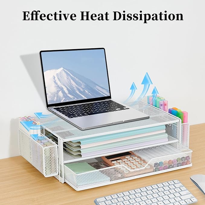 AUPSEN Computer Monitor Stands Riser,2-Tier Desk Organizers and Accessories, Office Desk Accessories Organizer with Drawers and 2 Pen Holder for Office Supplies (White)