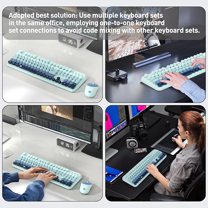 Wireless Keyboards Mouse Combos, Colorful Cute Typewriter Full-Size Retro Round Keycaps, 2.4GHz Cordless Connection Sleep Mode Office Wireless Keyboard and Mouse Set for Desktop Laptop PC Computer