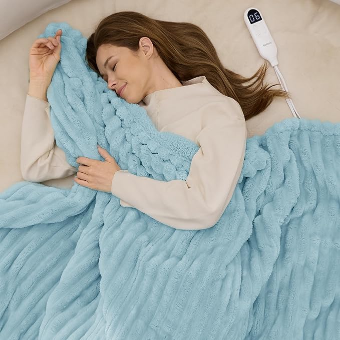 Bedsure Heated Blanket Electric Throw - Thick Striped Flannel Electric Blanket, Heating with 4 Time Settings, 6 Heat Settings, and 3-Hour Timer Auto Shut Off, Gift for Grandma (50"x60", Light Blue)
