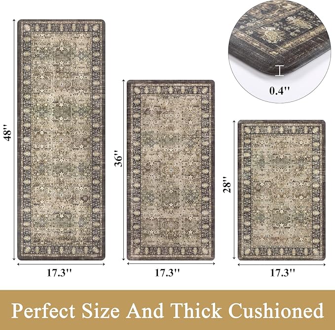 Pauwer Anti Fatigue Kitchen Mat Set of 3 Non Slip Kitchen Mats for Floor Cushioned Kitchen Rugs Comfort Standing Mat Farmhouse Waterproof PVC Foam Kitchen Floor Mat Runner, Multi Brown