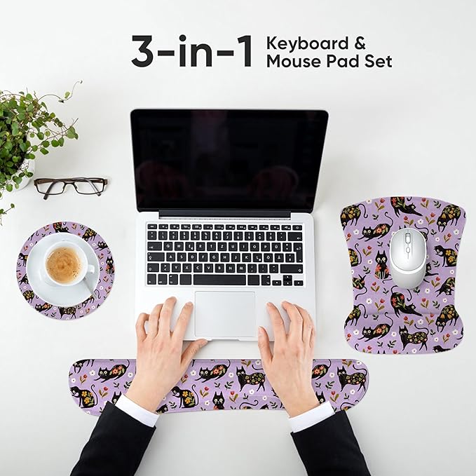 RICHEN Mouse Pad and Keyboard Wrist Rest, 3-in-1 Computer Mousepad and Coaster Set, Non-Slip Keyboard Wrist Rest and Mouse Pad Set Ergonomic Design (Flower Cats)