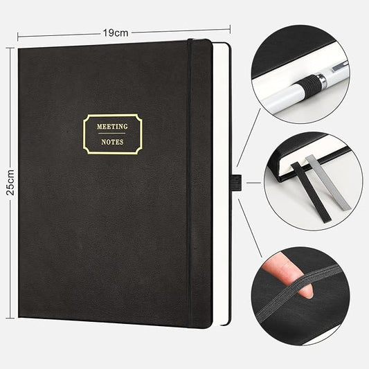 EMSHOI Meeting Notebook for Work with Action Items - 320 Pages B5 Thick Project Planner Agenda Organizer Work Notebook for Women Men Office Business Notes, PU Leather Hardcover, 7.5" x 10", Black
