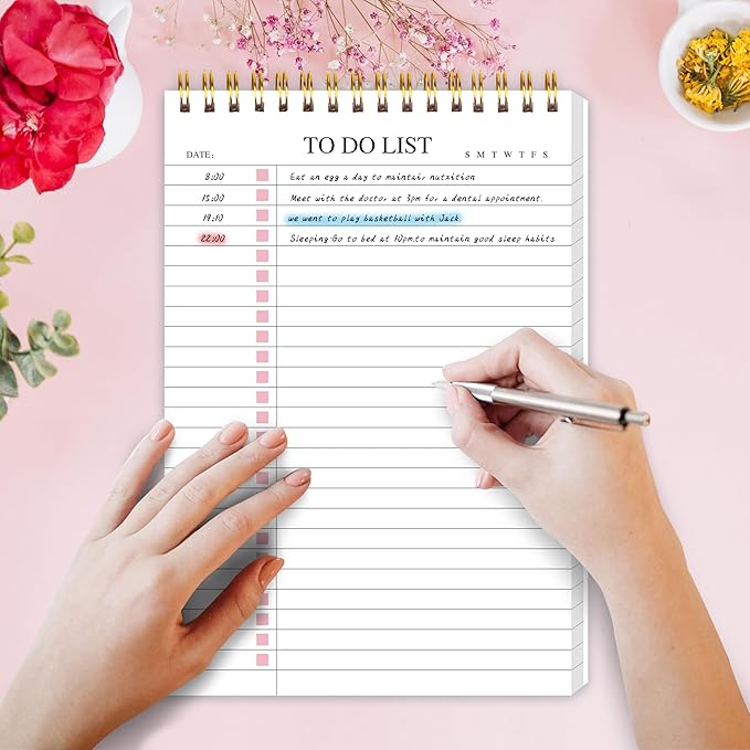 To Do List Notepad, Undated Daily Planner Notepad with To Do List Notebook Checklist Planner Spiral Waterproof Cover Notepad for Office Supplies, School Planner, Pink, 52 Sheets, 5.5"*8.3" A5 Size