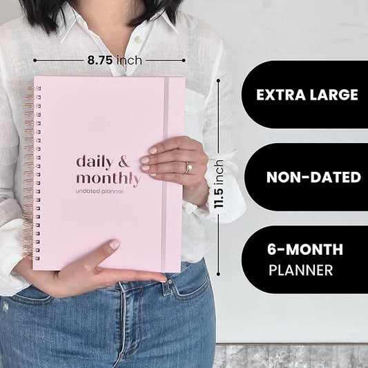 Large Daily Planner with Hourly Schedule, 8.5" x 11" Undated 6-Month Planner for Productivity, Full Page a Day, 2025-2026 Calendar, To Do List, Time Blocking, Pink Aesthetic Hardcover Spiral Notebook