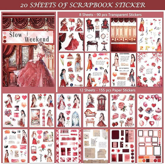 AVECMOI Love Scrapbooking Stickers for Journaling Supplies, Happy Planner Sticker Book with 234 Images, Paper & PET Sticker for Card Making, Collage, Paper Crafts, A5 (Rose)