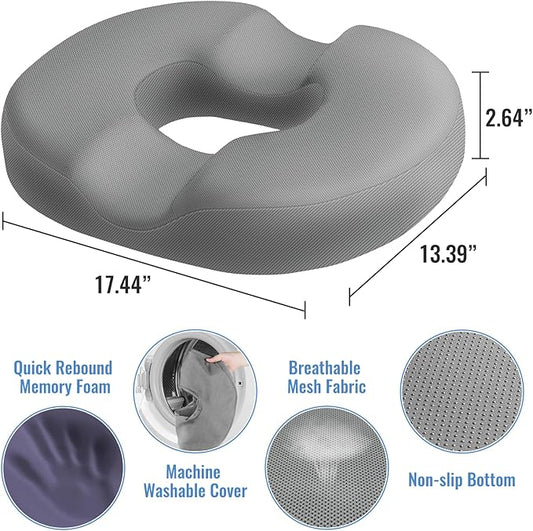 CloudBliss Donut Pillow Seat Cushion Chair Pad for Tailbone Pain Relief and Hemorrhoids, Memory Foam Seat Chair Cushion for Men and Women for Home & Office, (Light Grey)