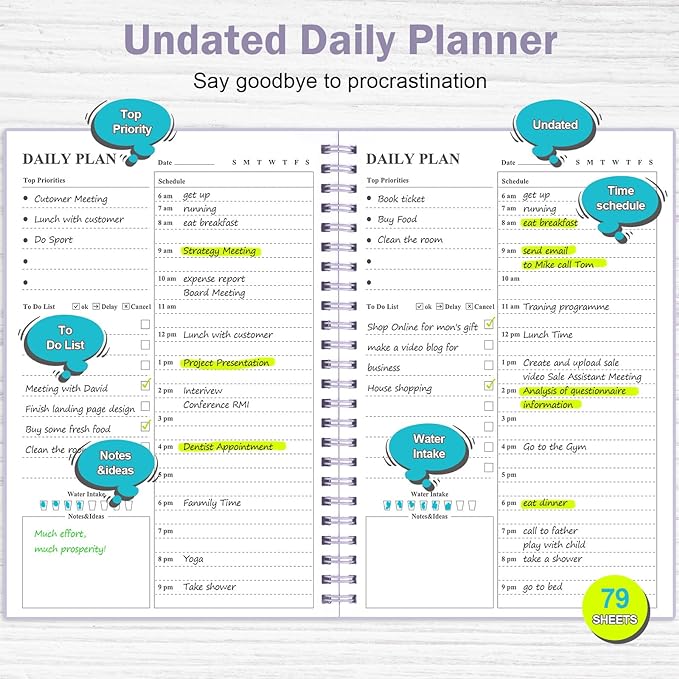 Asten Daily Planner Notebook, Undated To Do List with Hourly Schedules, Spiral Binding, Appointment Planner for Men & Women, ADHD-Friendly, Purple, 8.3" x 5.8"