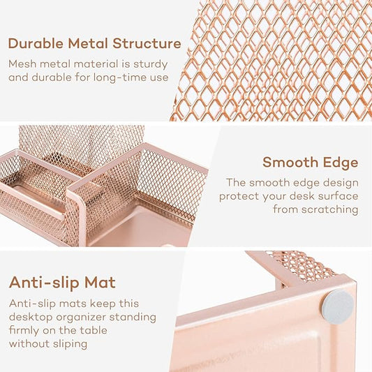 deli Mesh Desk Organizer Office Supplies Caddy with Pencil Holder and Storage Baskets for Desktop Accessories, 3 Compartments, Gold