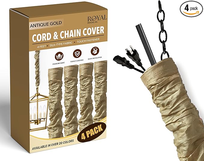 Royal Designs, Inc. Cord & Chain Cover 4 ft Silk Type Fabric, Chandelier Pendant Lighting Chain & Cable Management, Touch Fastener, Antique Gold - 4 Pack