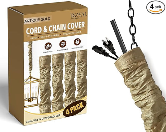 Royal Designs, Inc. Cord & Chain Cover 4 ft Silk Type Fabric, Chandelier Pendant Lighting Chain & Cable Management, Touch Fastener, Antique Gold - 4 Pack