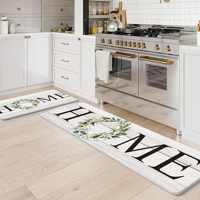 KIMODE Anti Fatigue Kitchen Rugs Sets of 2, Non Slip Waterproof Kitchen Mat, Farmhouse Kitchen Runner Rug, Ergonomic Standing Kitchen Mats for Floor 2 Piece, 20" x 59" + 20" x 32", White
