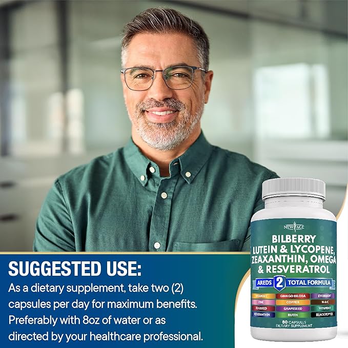 NEW AGE Eye Health Vitamins with Bilberry Lutein & Zeaxanthin Lycopene Resveratrol Grape Seed Astaxanthin - Eye Vitamin - 60 Count