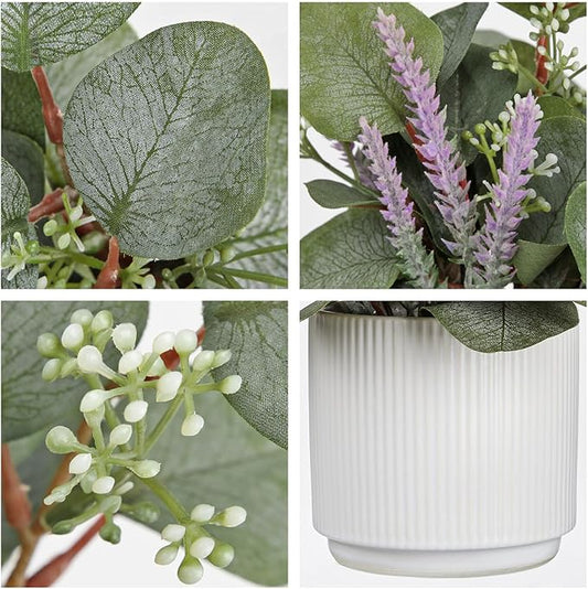 Small Artificial Plants Indoor, 9.8" Faux Eucalyptus Stems in Ceramic Pot for Table, Desk, Shelf, Fake Potted Plants Eucalyptus Leaves with Lavender for Centerpieces, Living Room, Bathroom, Bedroom