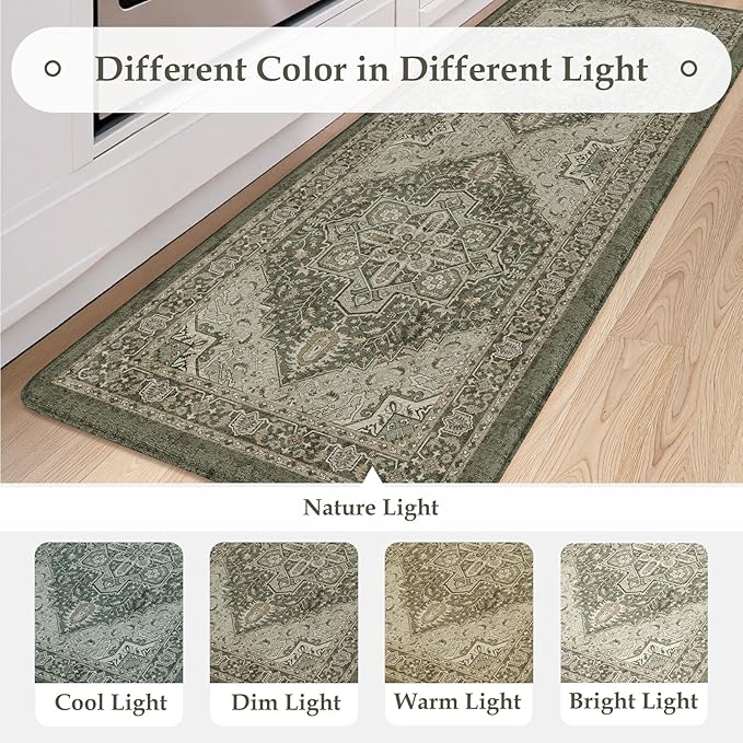 KIMODE Kitchen Mats Cushioned Anti Fatigue, Boho Distressed Kitchen Rugs Sets of 2, Non Slip Kitchen Floor Mat, Comfort Standing Mat for Laundry, Office, Sink, Desk Dark Green 17"x59"+17"x29"