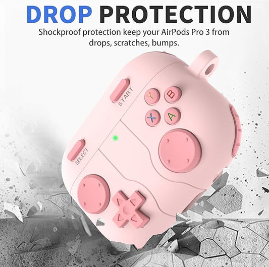 for AirPods Pro 3 Case(2025) DamonLight Game Case Shock-Proof Protective Silicone with Cleaning Pen and Keychain Accessories for Apple Airpods Pro 3rd Generation (Pink)