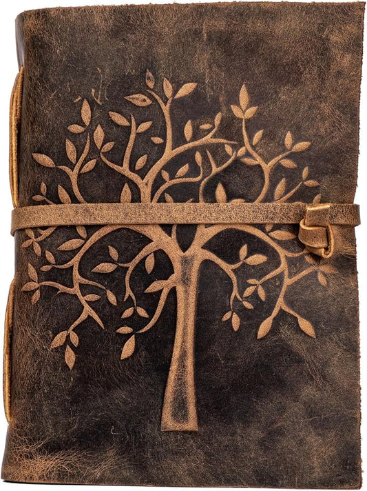 LEATHER VILLAGE Tree of Life Journal - 13 X 8 inches - Rustic Brown - 200 Antique Deckle Edge Handmade Paper – Book of Shadows - Vintage Leather Bound Journal for Women & Men