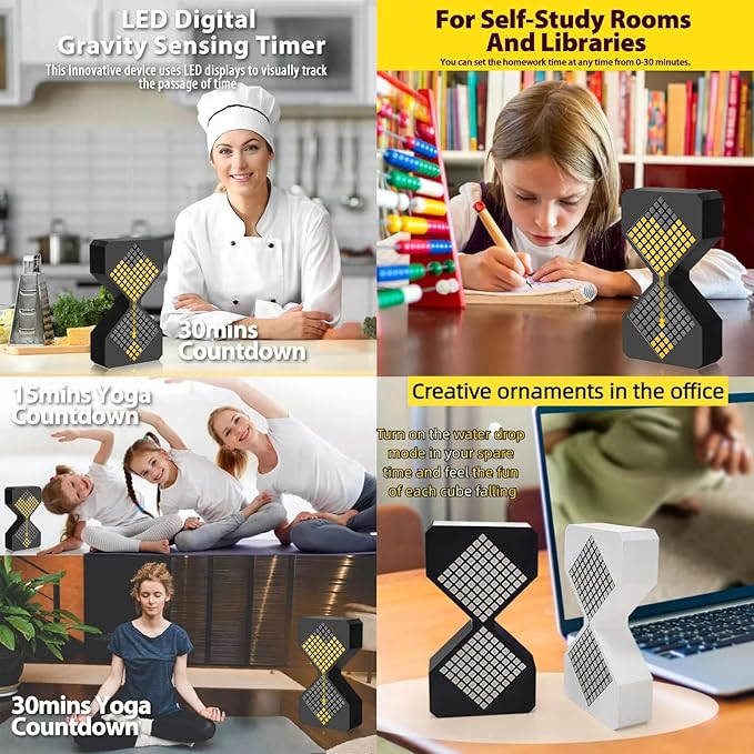 Digital Hourglass 1-30 Minute Freely Adjustable Gravity Timer Dynamic Flow Cube Led Night Light Hourglass Timer for Classroom Home Office Cooking (White, White Light Source)